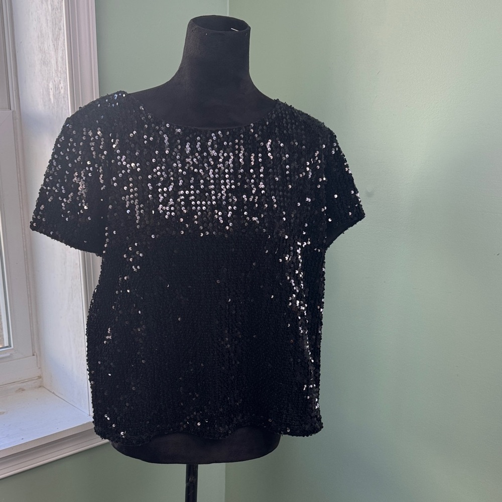 Harper & Liv Black Sequin Short Sleeve Top 1X